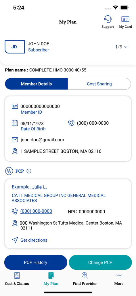 MGB Health Plan app My Plan screen showing subscriber details and primary care provider information