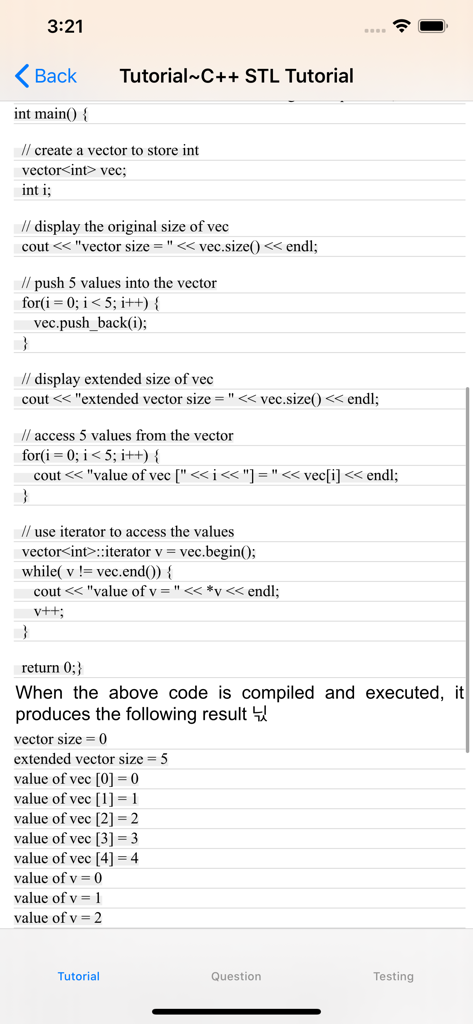C plus plus tutorial showing vector code and execution result
