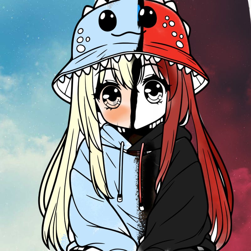 girl with anime shaped eyes with a dinosaur bucket hat oversized sweatshirt long straight hair