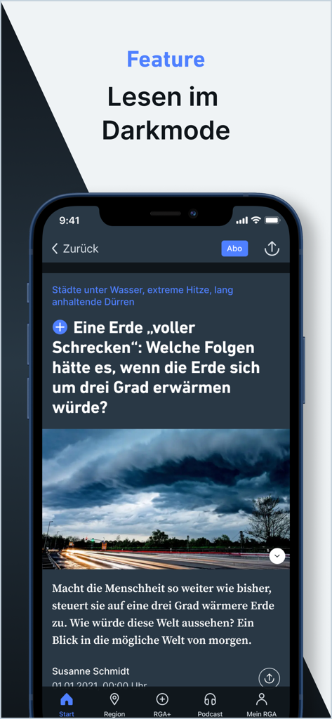 RGA – Nachrichten und Podcast - RGA news app screenshot showing an article about climate change in dark mode