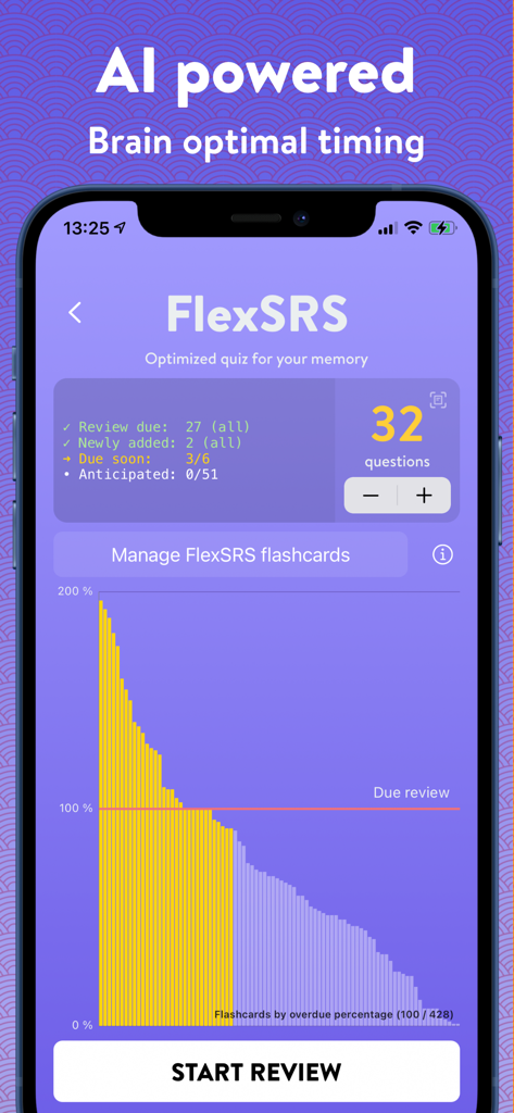 Learn Japanese Kanji: Benkyō - Benkyo app showing AI powered spaced repetition system and flashcard review progress statistics