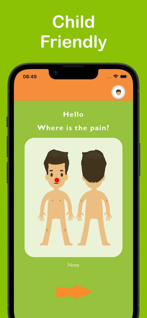 Kinderfreundliche Benutzeroberfläche der Pain Assessment Tool-App mit einer Körperkarte zur Auswahl des Schmerzortes