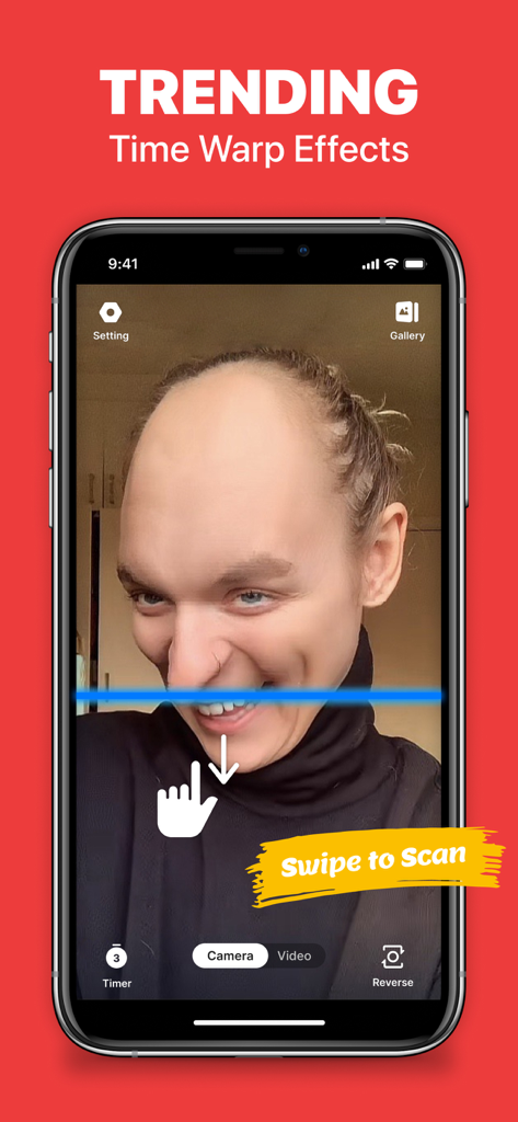 Time warp scan filter, slider - Interface of Time warp scan filter app showing a person using the trending scan effect to distort their face