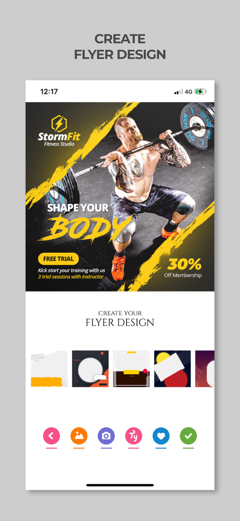 A mobile interface of a flyer creator app showing a gym promotion poster with a person lifting weights and text that says shape your body