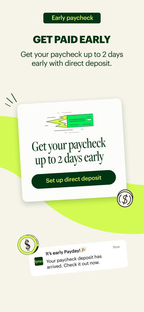 Spruce mobile banking app screen featuring the early paycheck deposit option with a sample notification.