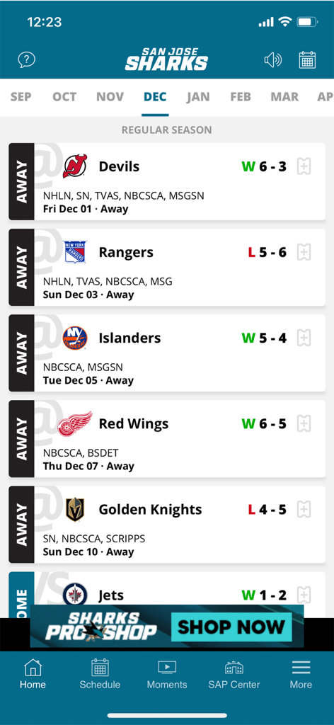 San Jose Sharks + SAP Center - San Jose Sharks app screen displaying the December regular season game schedule and final scores.