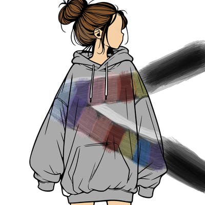 realistic girl with a oversized sweatshirt on and a bun