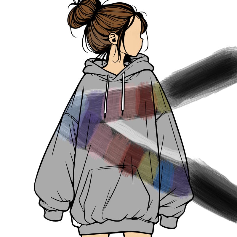 realistic girl with a oversized sweatshirt on and a bun