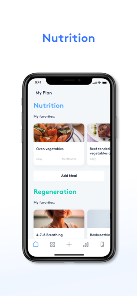 vicoach-App-Bildschirm mit personalisierten Ernährungsrezepten und Regenerations-Atemübungen