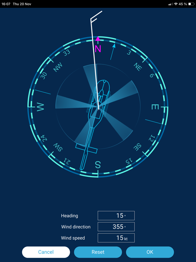 Helicopter heading and wind direction input screen with digital compass rose