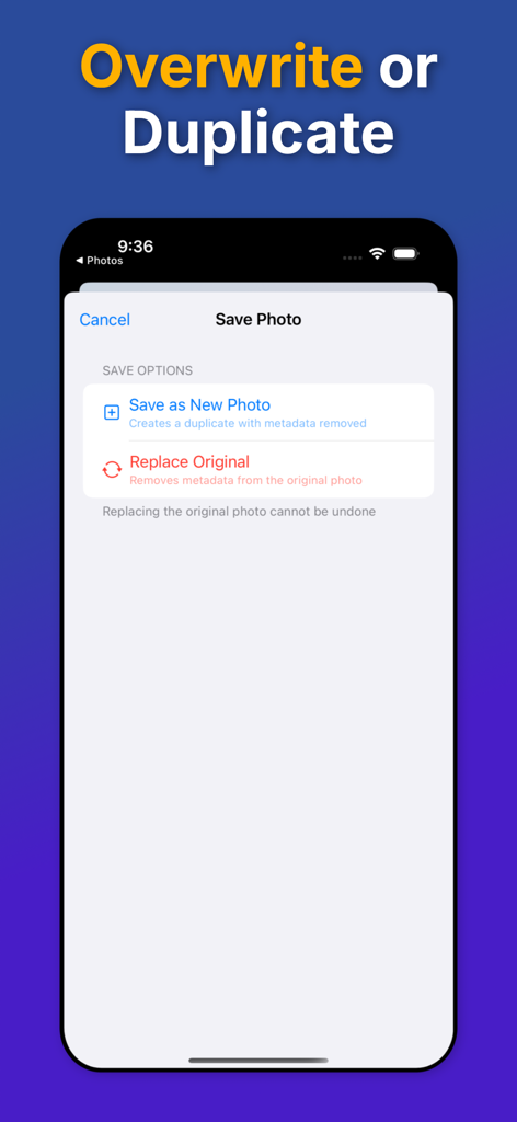 Metadata Remover - Photo EXIF - Tela do aplicativo MetaClean mostrando opções para salvar uma nova foto ou substituir a original após a remoção de metadados