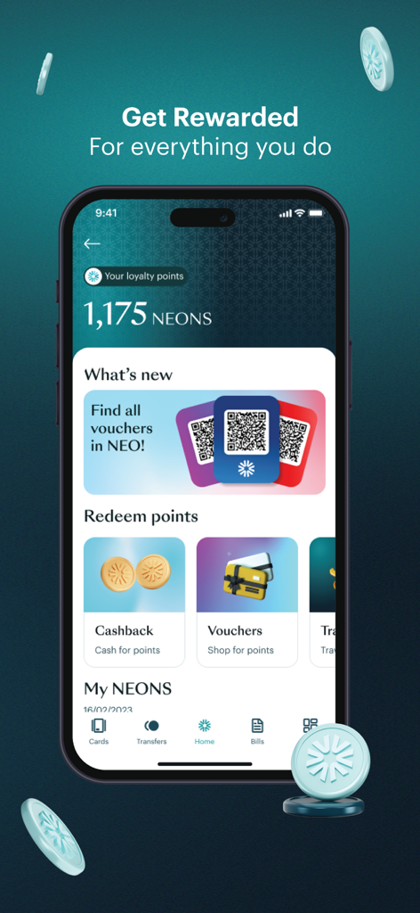 NEO - Interfaz de recompensas de la aplicación bancaria NEO que muestra los Neons ganados y las opciones de canje de puntos
