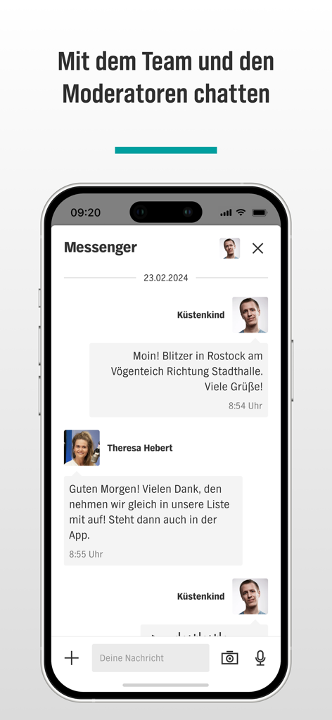 NDR Mecklenburg-Vorpommern - Screenshot of the NDR Mecklenburg-Vorpommern app messenger showing a chat interface with news team and moderators.