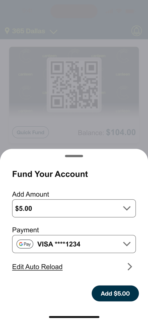 Google PayやVisaなどの支払いオプションでコネクト＆ペイアカウントに資金をチャージするためのモバイルアプリ画面