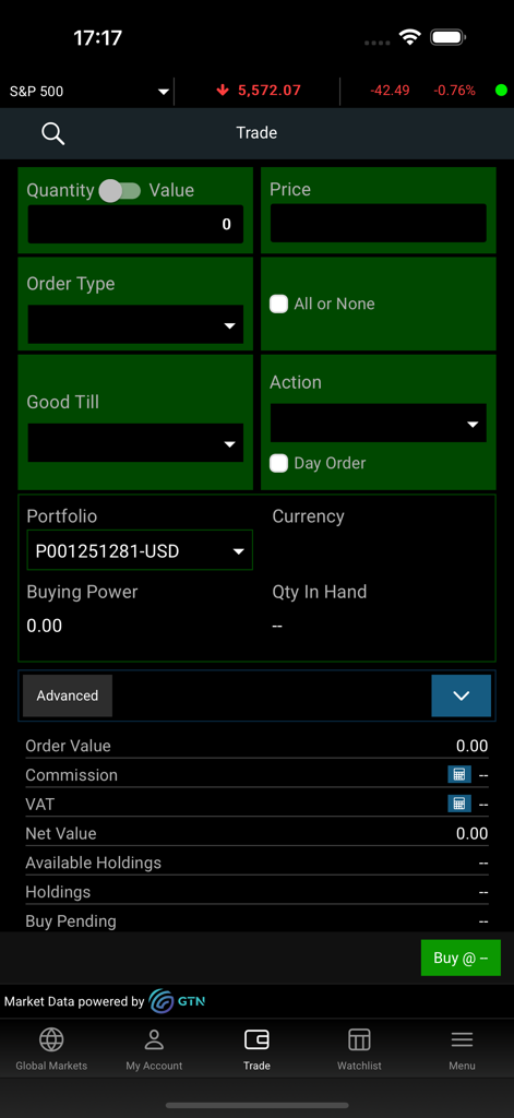 G&T Trader - Interface de trading mobile de l'application G et T Trader montrant les détails de passation d'ordres