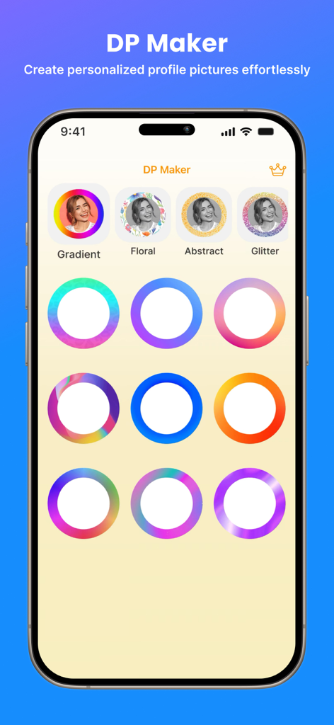 Lmc8.4 - Lmc8.4 app screen showing various colorful gradient and patterned circular borders for creating personalized profile pictures.