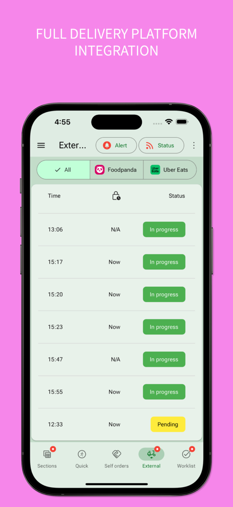 QUEUE Cloud - Interface do aplicativo móvel QUEUE Cloud exibindo pedidos de entrega integrados de plataformas como Uber Eats