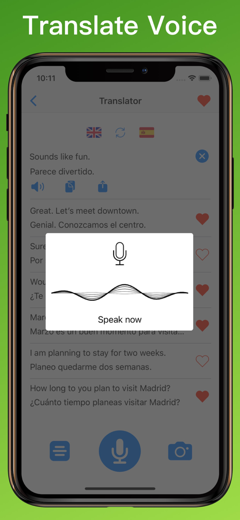Spanish Translator app interface showing voice translation with a Speak Now prompt