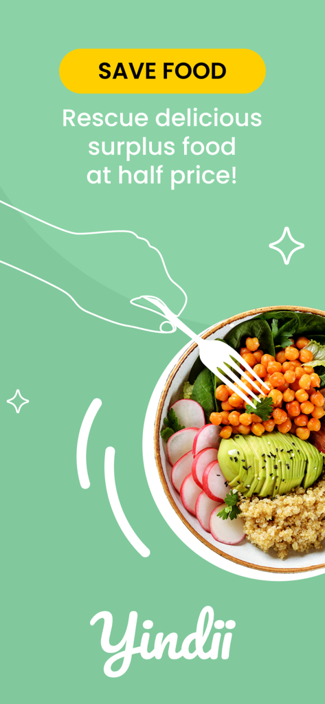 Yindii - Sustainable Food App - Yindii app promotional graphic showing a healthy grain bowl and text about rescuing surplus food at a discount