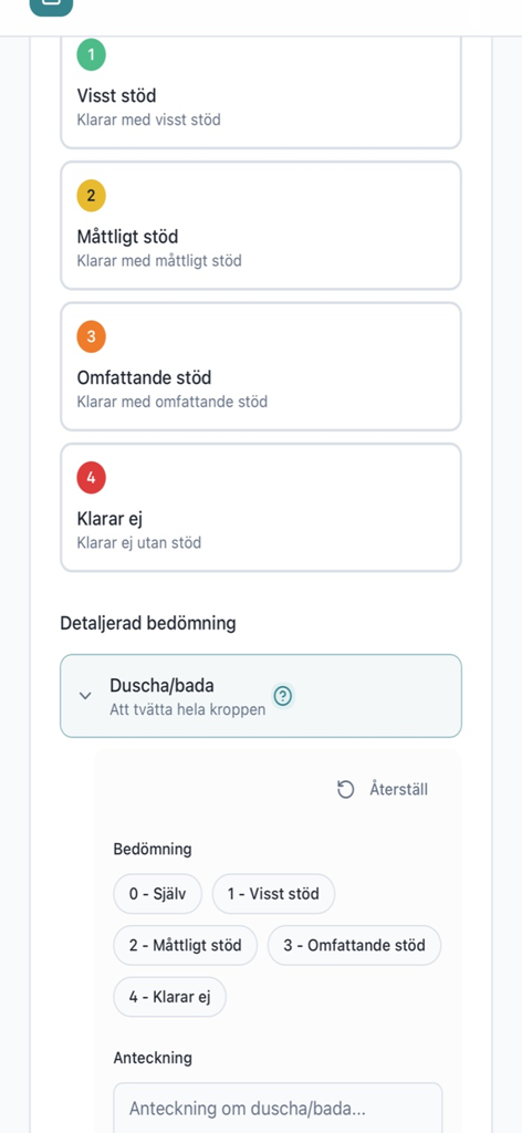Mobile app interface showing a numerical scale for assessing support needs during daily activities like showering and bathing.