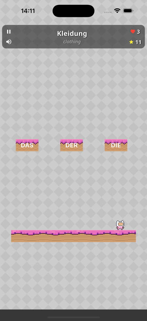 Word Climb - German Articles - Mobile game interface showing a pixel character choosing between der die and das for the German word Kleidung.