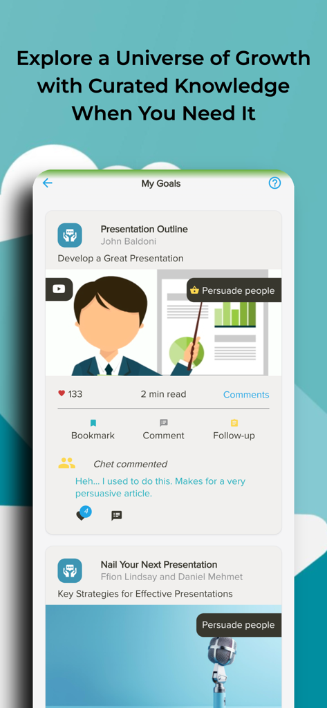 Rocky KI-Coach App-Bildschirm, der kuratierte Wissenskarten für Präsentationsfähigkeiten und Zielsetzung zeigt