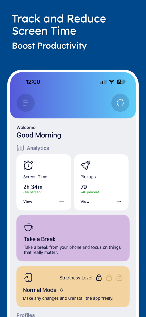 Stay Focused App/Site Blocker - Panel de la aplicación Stay Focused mostrando análisis de tiempo de pantalla y recolección del teléfono