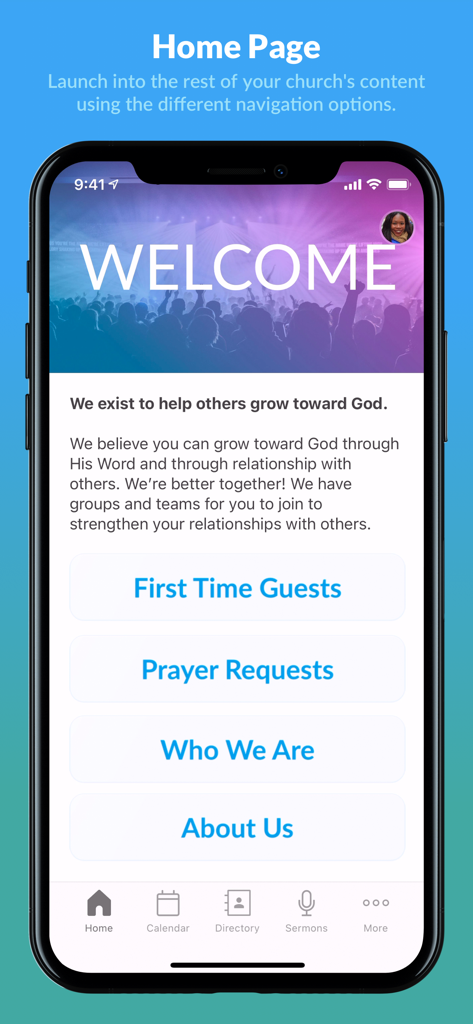 Écran d'accueil de l'application Church Center montrant une bannière de bienvenue et des liens de navigation pour les demandes de prière et les invités.
