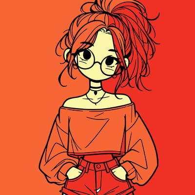 girl with a messy ponytail glasses a baggy crop top and jean shorts