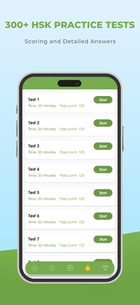 HeyChina: Learn Chinese - 中国語学習者向けのHSK練習問題を示すHeyChinaアプリインターフェース