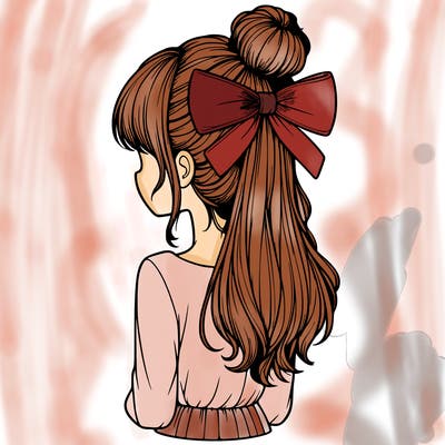 realistic girl  with hip length hair a bun and a big bow on the back of head