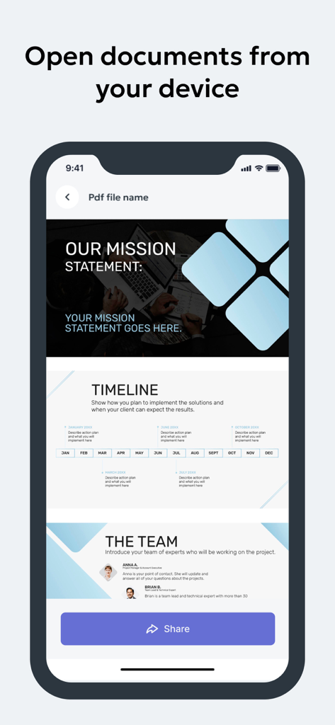 Zip & Unzip Files - Extractor - Captura de pantalla de una aplicación móvil que muestra un visor de documentos PDF con un botón para compartir