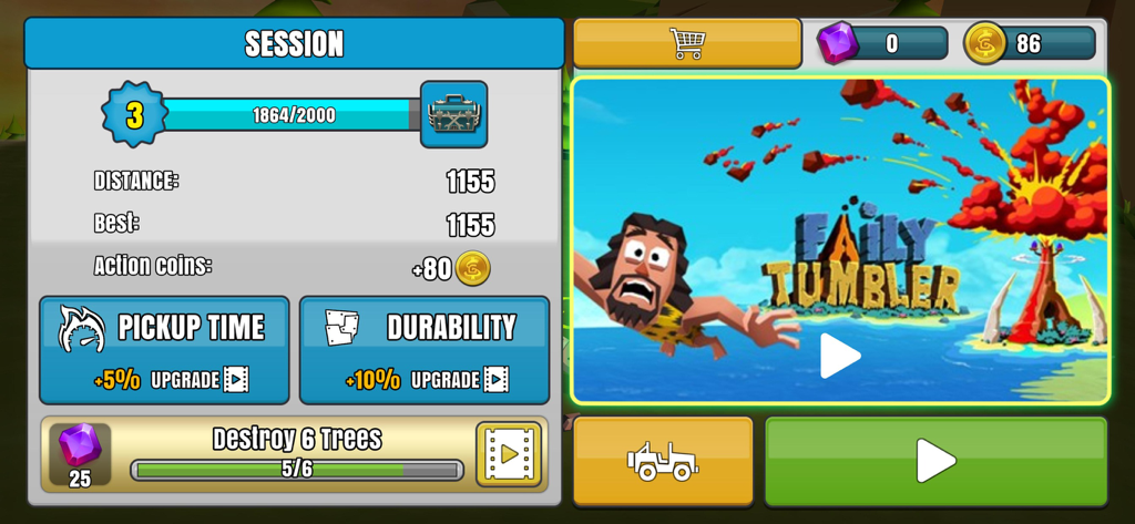 Faily Brakes 2 - A game session summary screen for Faily Brakes 2 showing distance achieved, coin rewards, and upgrade buttons for pickup time and durability.