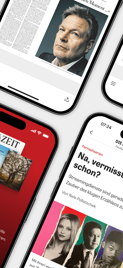 Affichage de l'application DIE ZEIT E-Paper sur plusieurs iPhones, présentant les articles et la mise en page originale