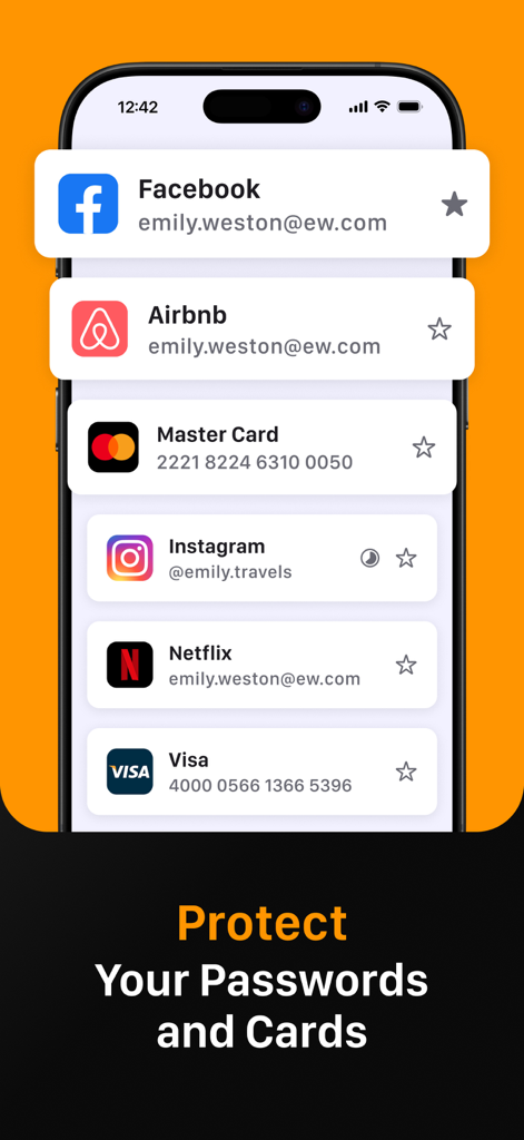 SafeInCloudアプリがFacebook、Instagram、クレジットカードの詳細の安全なログインを管理している様子を示すスマートフォンの画面