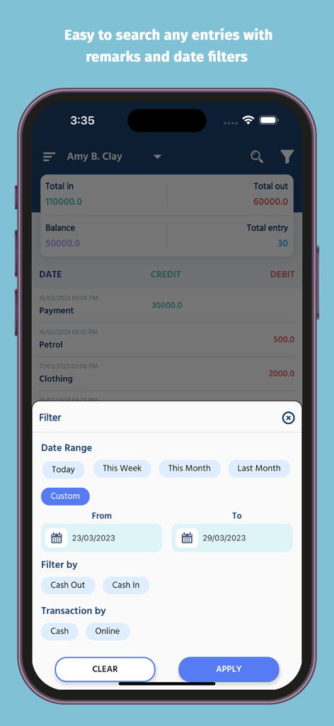 Interface do aplicativo móvel mostrando opções de filtro de transações por intervalos de datas, tipos de fluxo de caixa e métodos de pagamento
