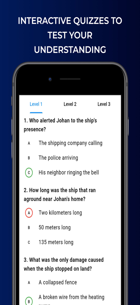 English News in Levels - Interactive English reading comprehension quiz on a mobile app interface