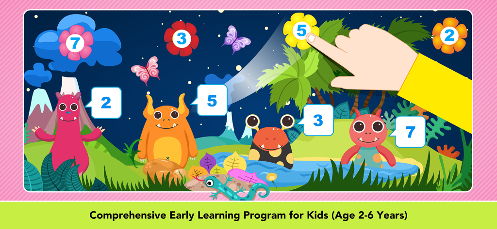 Child playing a counting game with cute monsters and numbered flowers in an educational app