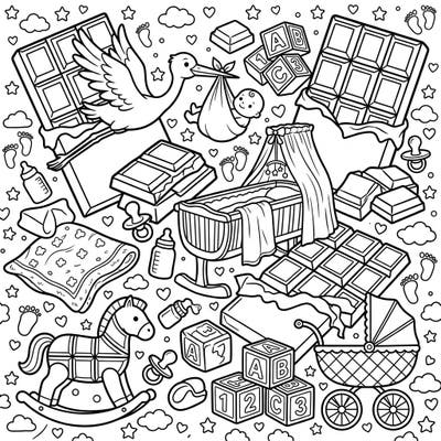 Get ready for an adorably delicious coloring adventure with this unique design featuring delightful chocolate bars alongside classic baby shower symbols. It's the perfect way to celebrate new beginnings with a touch of sweet creativity.