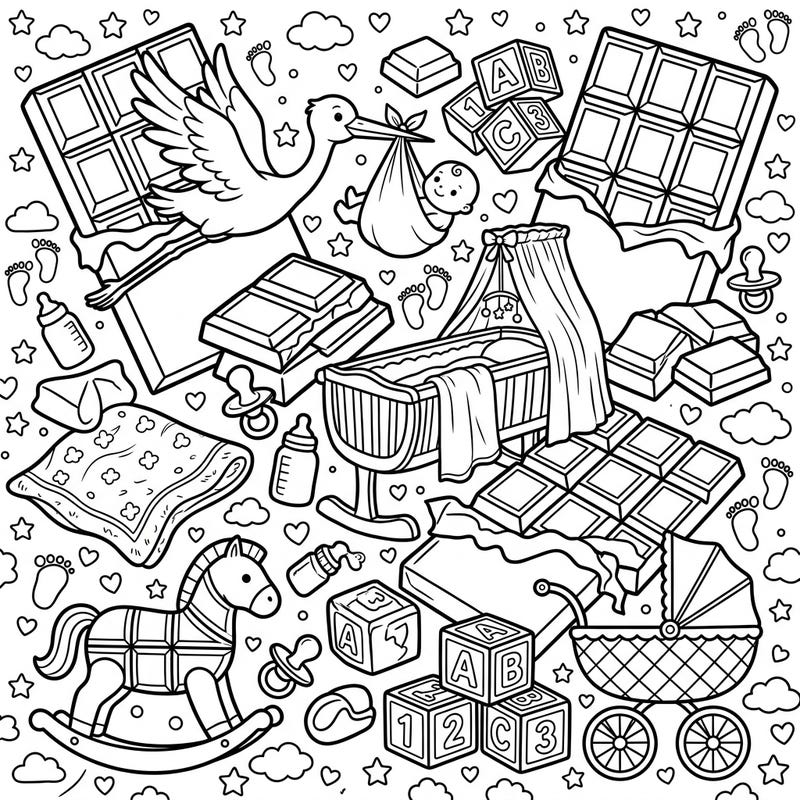 Get ready for an adorably delicious coloring adventure with this unique design featuring delightful chocolate bars alongside classic baby shower symbols. It's the perfect way to celebrate new beginnings with a touch of sweet creativity.