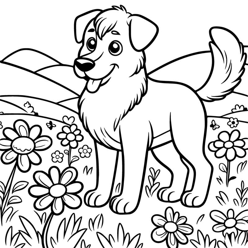 a dog in a flower field