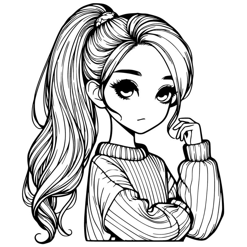 realistic girl with high pony tail and a sweater