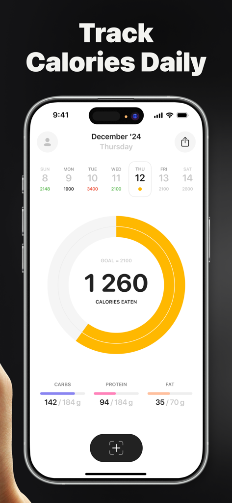 Calz - Calorie Counter AI - Panel diario de la aplicación Calz que muestra el progreso de calorías y el seguimiento de macronutrientes para carbohidratos, proteínas y grasas
