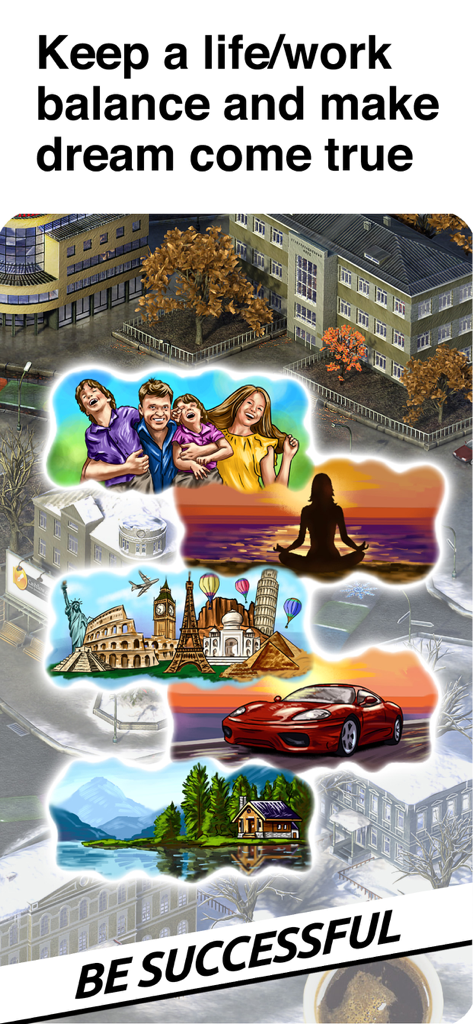 Timeflow: Business Tycoon Game - Ilustraciones de objetivos de vida y equilibrio entre vida y trabajo en el juego de magnate de negocios Timeflow