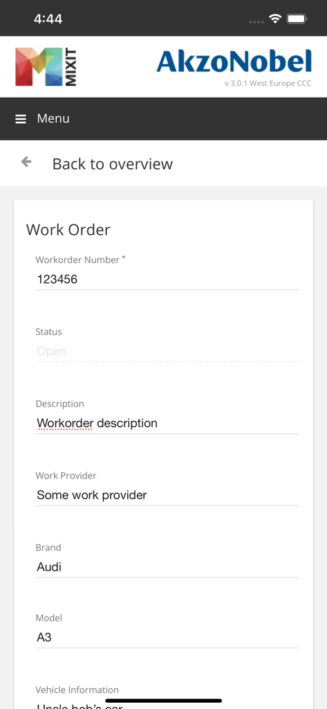 Digital work order form in the AkzoNobel MIXIT app showing details for an Audi A3 vehicle