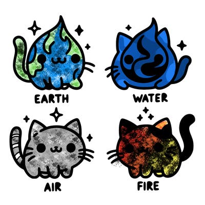 4 cats that represent the different elements, earth, water, air, and fire
