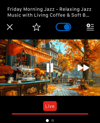 WristTube+ video player interface on Apple Watch playing a live jazz music video with playback controls