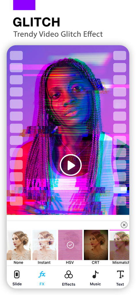 Photo Video Maker With Music - Interfaz de la aplicación que muestra un efecto glitch de moda aplicándose a un video de retrato