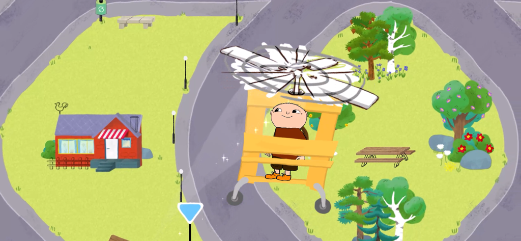 Beep beep Alfie Atkins - Kids - Alfie Atkins flying a wooden helicopter over a park with a red house and trees
