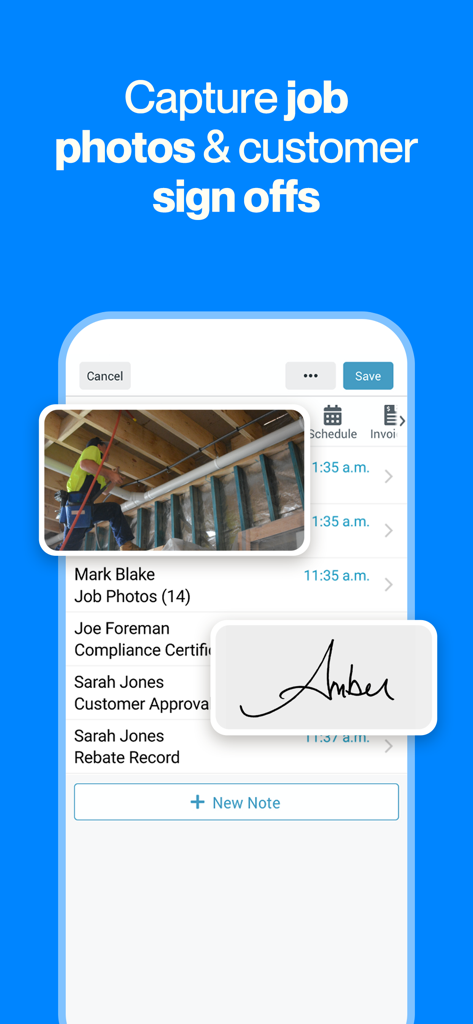 Tradify App-Oberfläche mit Funktionen zur Erfassung von Arbeitsfotos und digitalen Signaturen für Handwerker